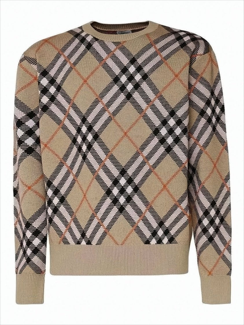 Burberry Beige Checkered Knit Sweater With Crew Neckline