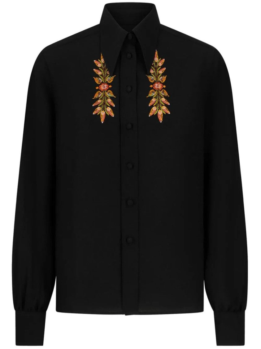 Etro Intricate Embroidered Black Silk Long Sleeve Shirt
