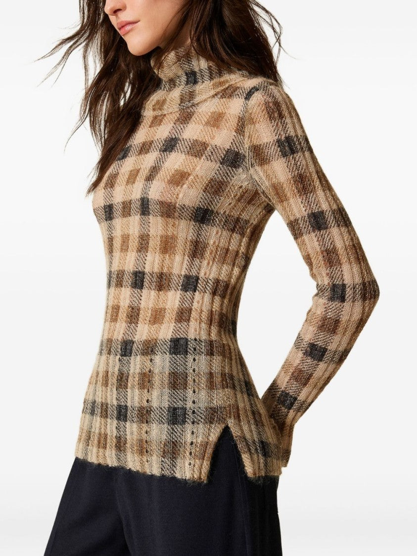 Twin-Set Camel And Black Plaid Knit Sweater