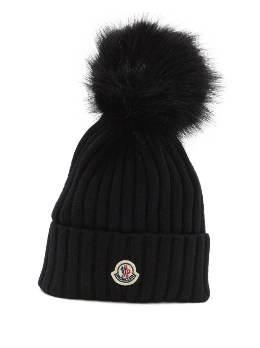 Moncler Black Merino Wool Rib Knit Pom Pom Beanie