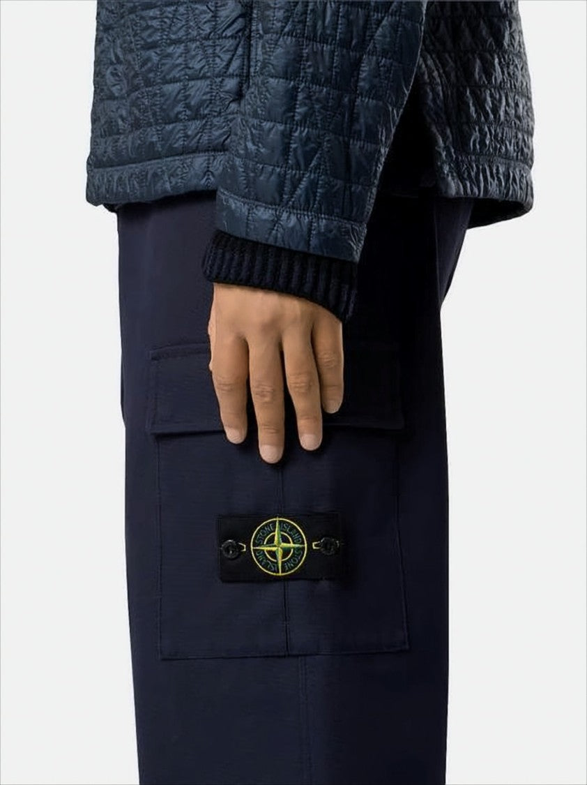 Stone Island Structured Blue Cotton Cargo Pants With Signature Patch