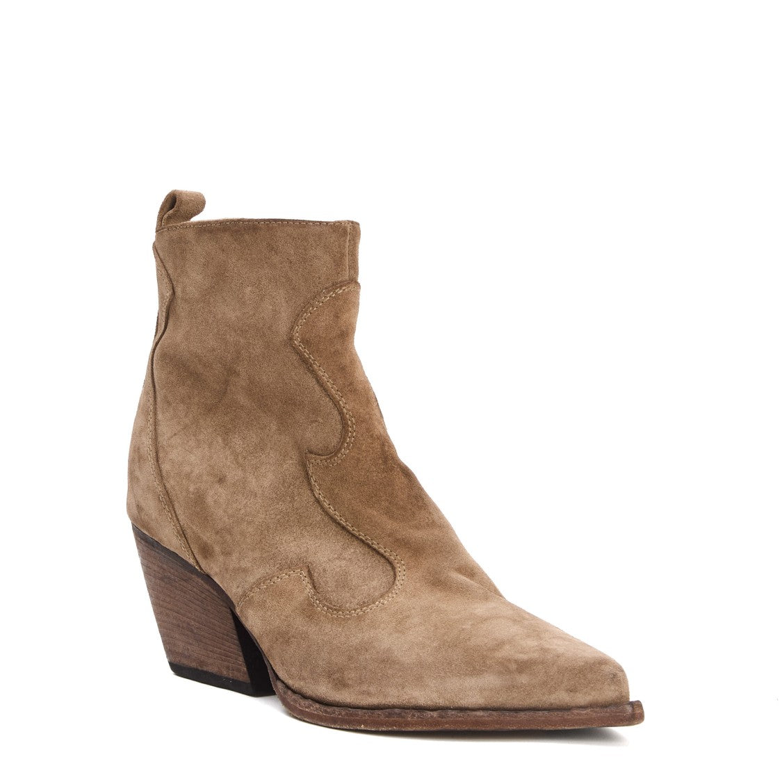 Elena Iachi Beige Suede Ankle Boots With Curved Seam Detail