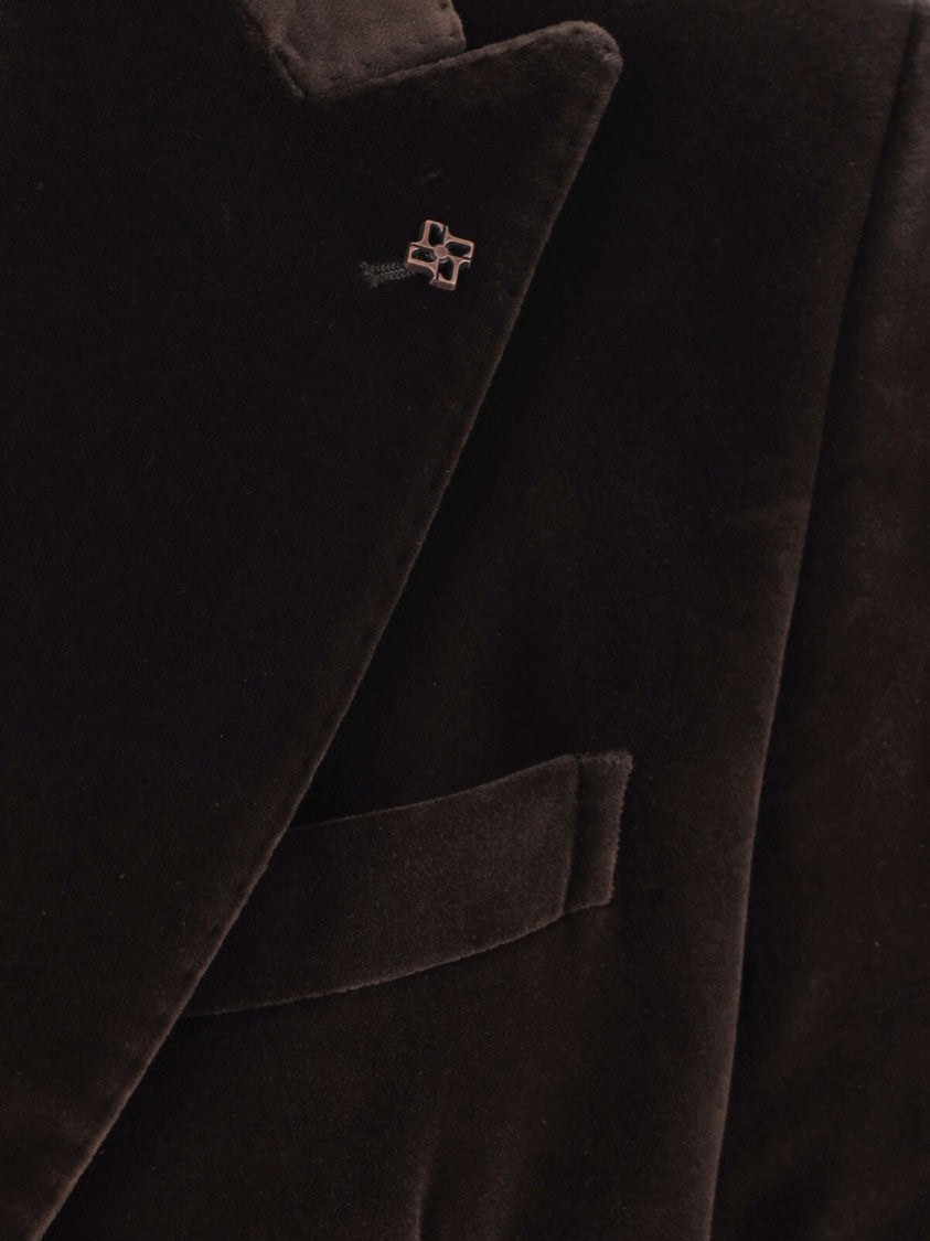 Tagliatore Dark Brown Double-Breasted Peak Lapel Velvet Blazer