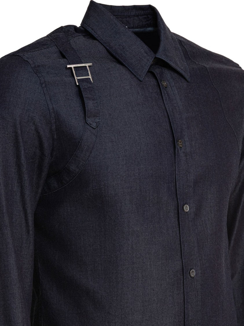 Alexander Mcqueen Deep Blue Cotton-Lyocell Blend Shirt With Unique Strap Detail