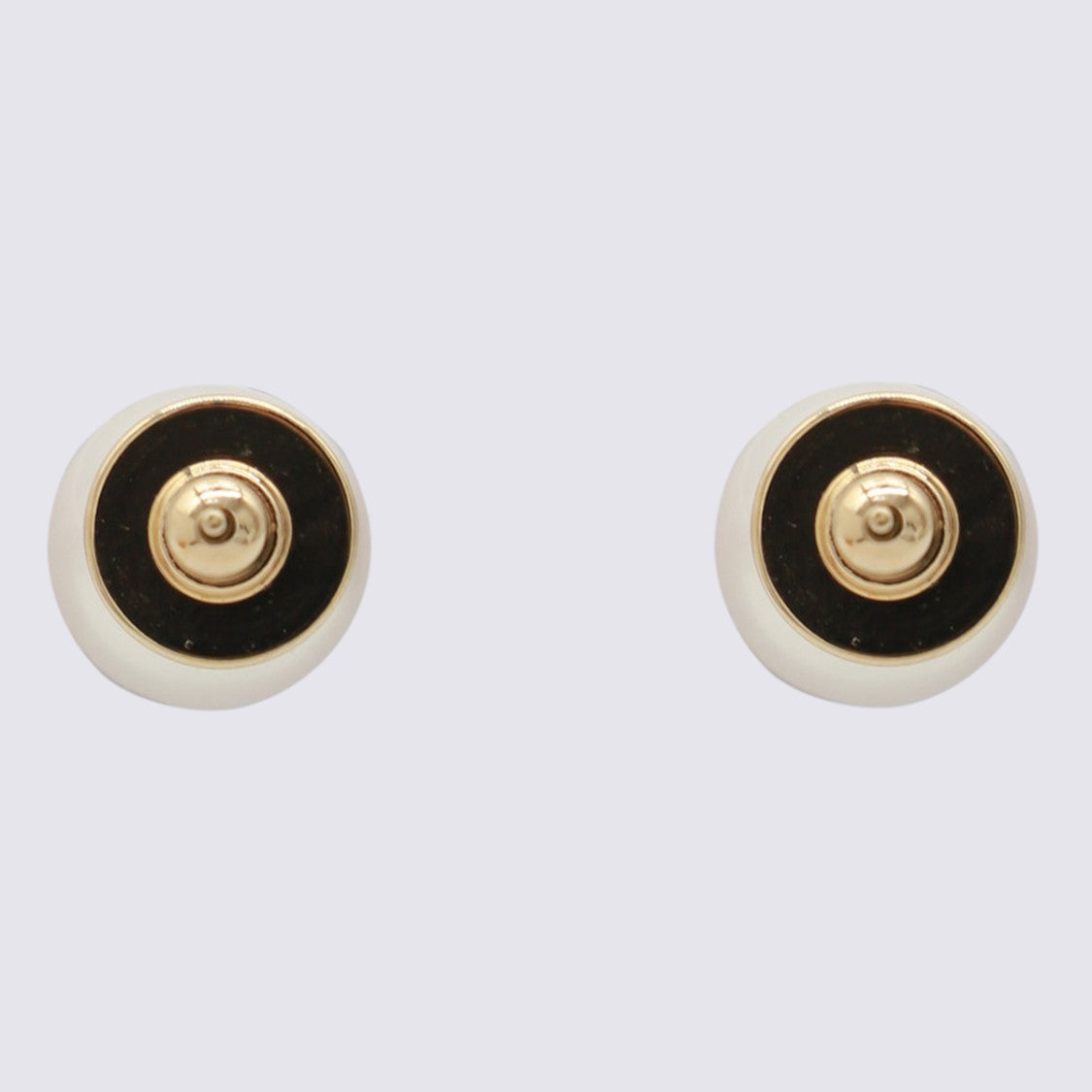 Jimmy Choo Minimalistic Round Stud Earrings With Pearl Finish And Golden Emblem