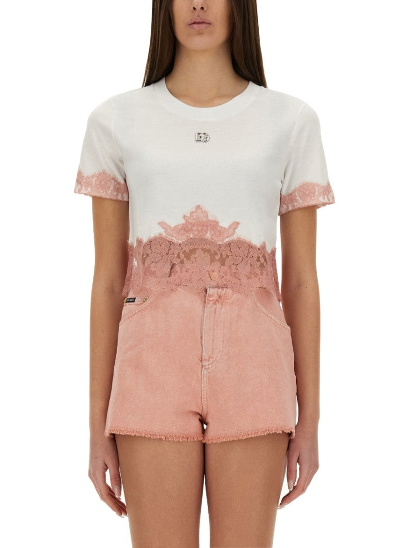 Dolce & Gabbana Cropped Jersey T-Shirt With Lace Inserts