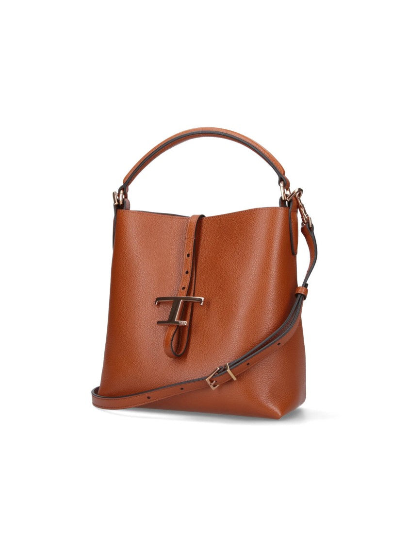 Tod's Brown Textured Leather Bucket Bag With Adjustable Strap And Gold-Tone Logo