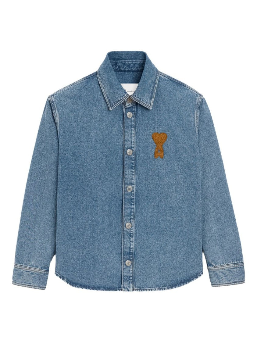 Ami Paris Indigo Denim Shirt With Snap Button Closures And Logo Embroidery