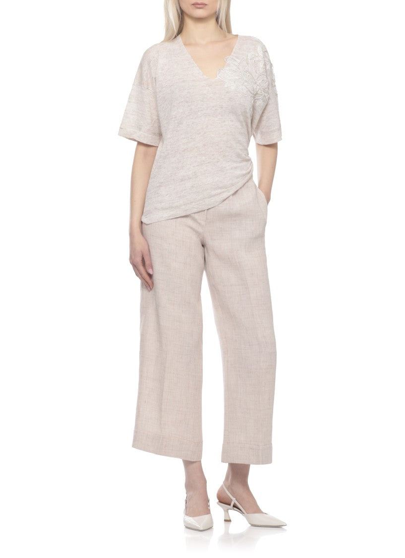D. Exterior Beige Lace Linen-Blend V-Neck Short-Sleeved Top