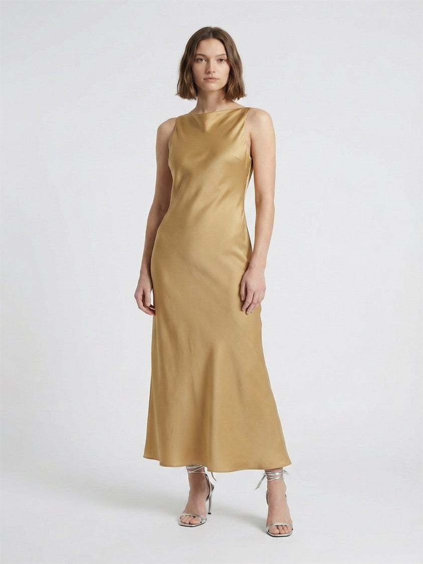 Antonelli Yellow Mara Straight-Neck Cowl-Back Acetate-Blend Long Dress