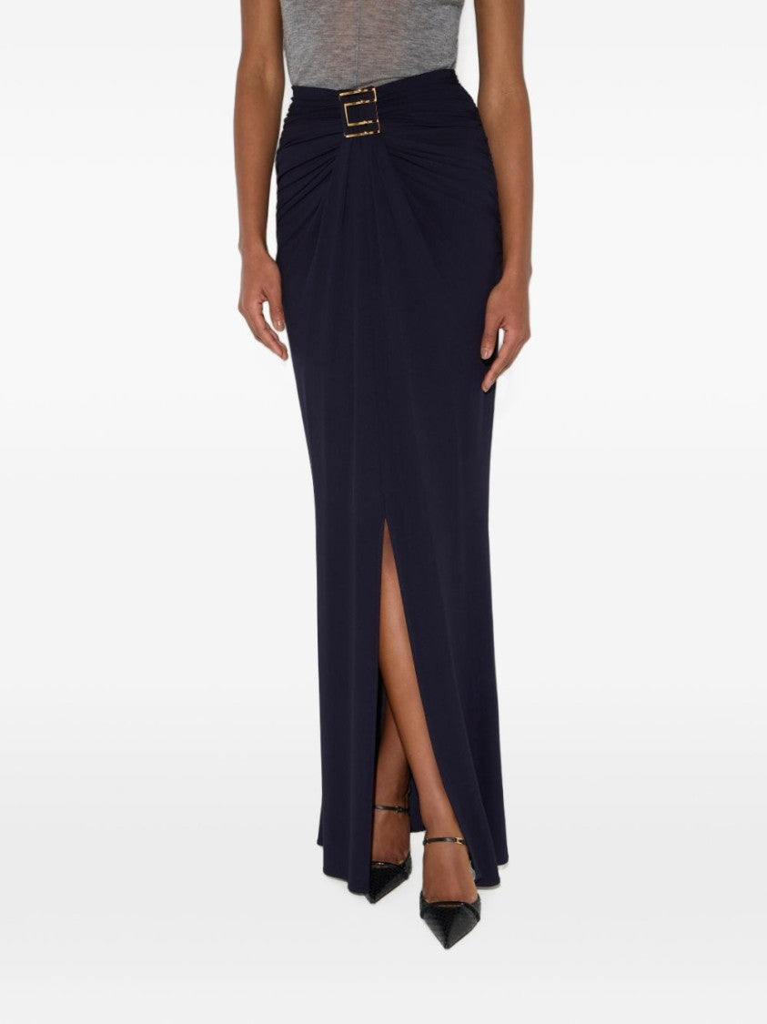 Elisabetta Franchi Black High-Waisted Fitted Ruching Midi Skirt