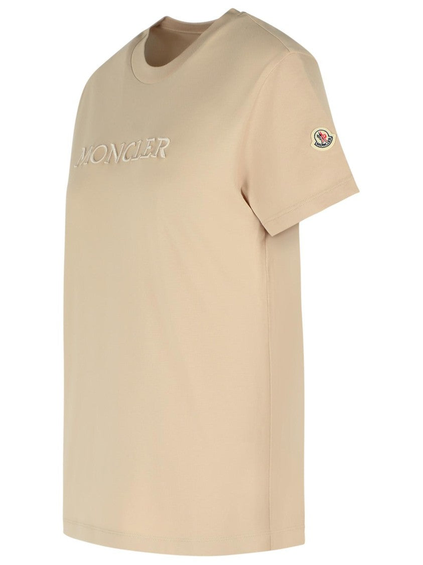 Moncler Ribbed Neutrals Cotton T-Shirt With Embossed Logo Details