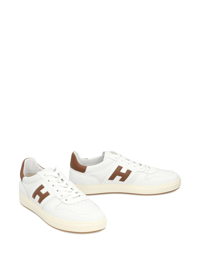 Hogan White Low-Top Brown Accent Logo Sneakers