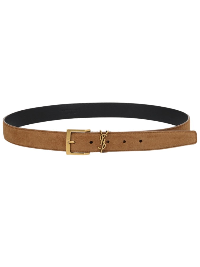 Saint Laurent Slim Brown Lamb Leather Belt With Gold-Tone Buckle