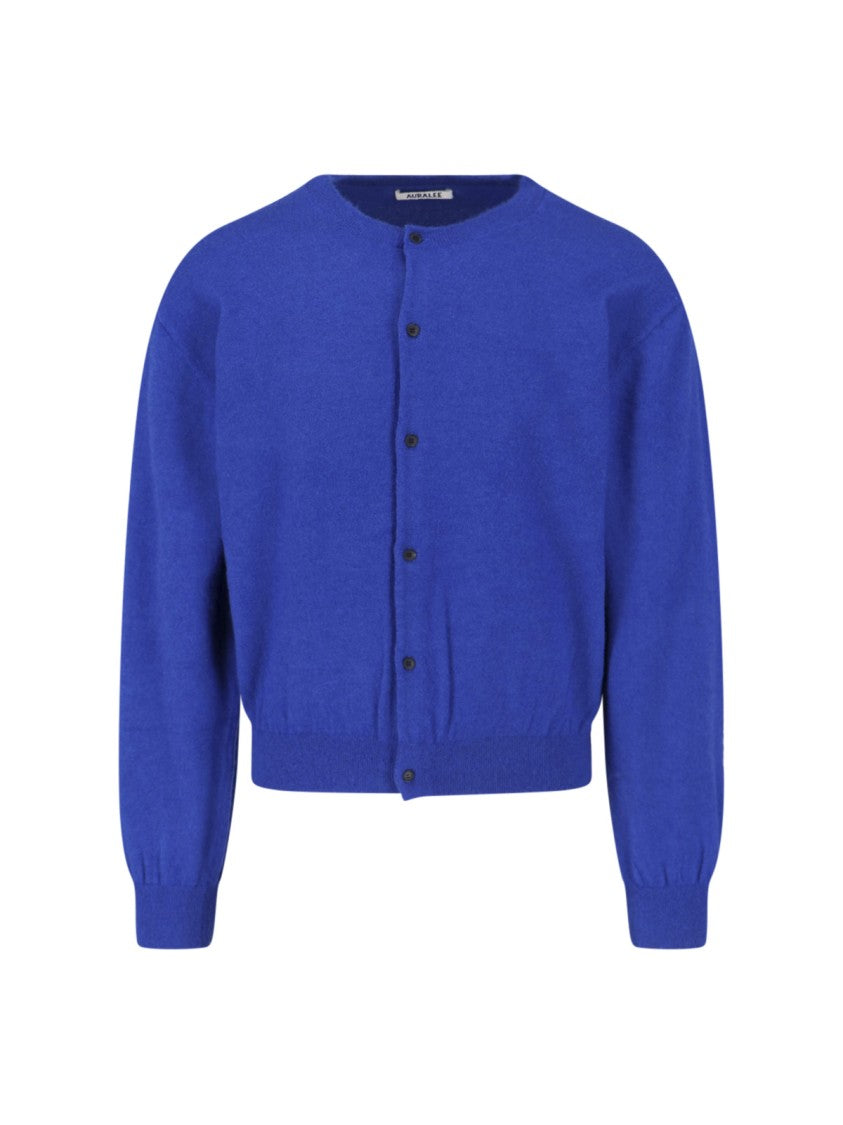 Auralee Crew Neck Cardigan In Cashmere Blend With Button Closure