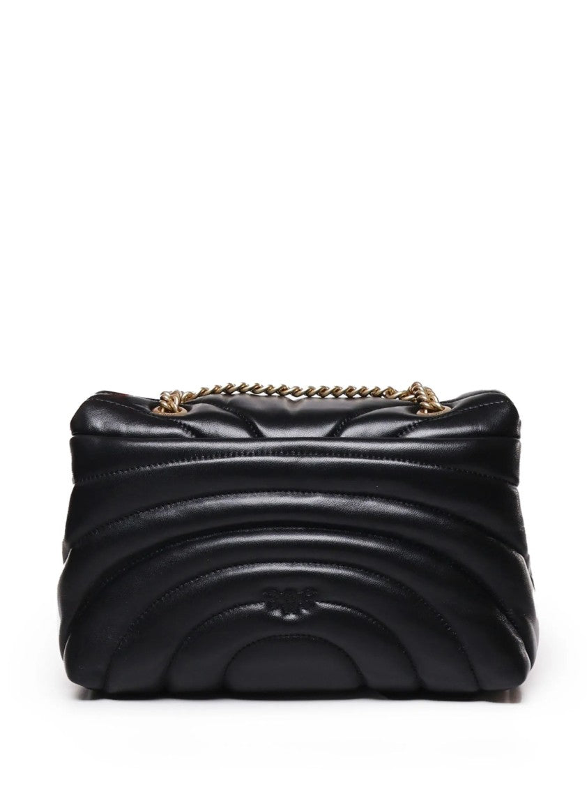 Pinko Quilted Black Handbag With Decorative Emblem And Chain Strap