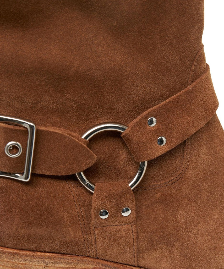 Curiosite Rounded Suede Biker Boots With Metallic Accents