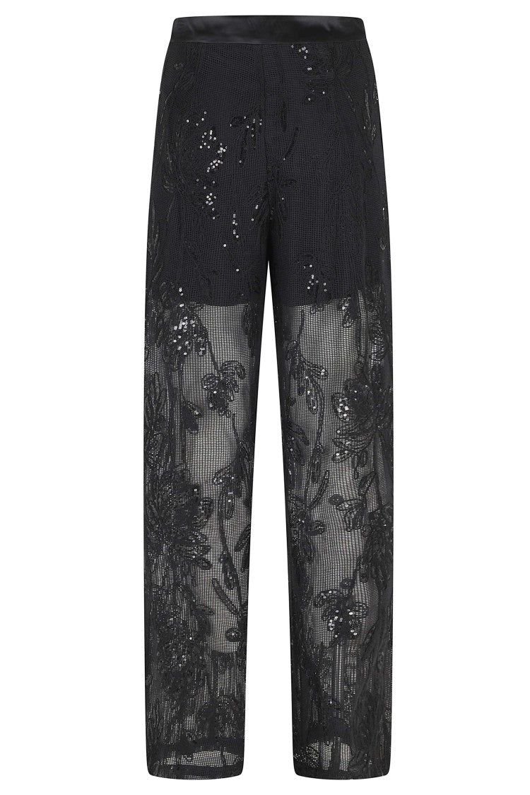 Isabelle Blanche Black Mesh Sequined Floral-Embroidered Cotton Wide-Leg Pants