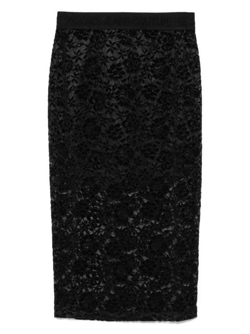 Versace Jeans Couture Textured Black Midi Skirt With Embossed Waistband