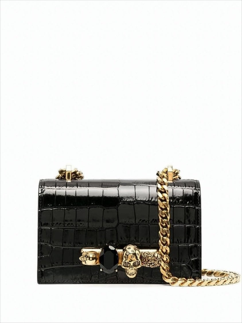 Alexander Mcqueen Crocodile-Embossed Black Calf Leather Crossbody Bag