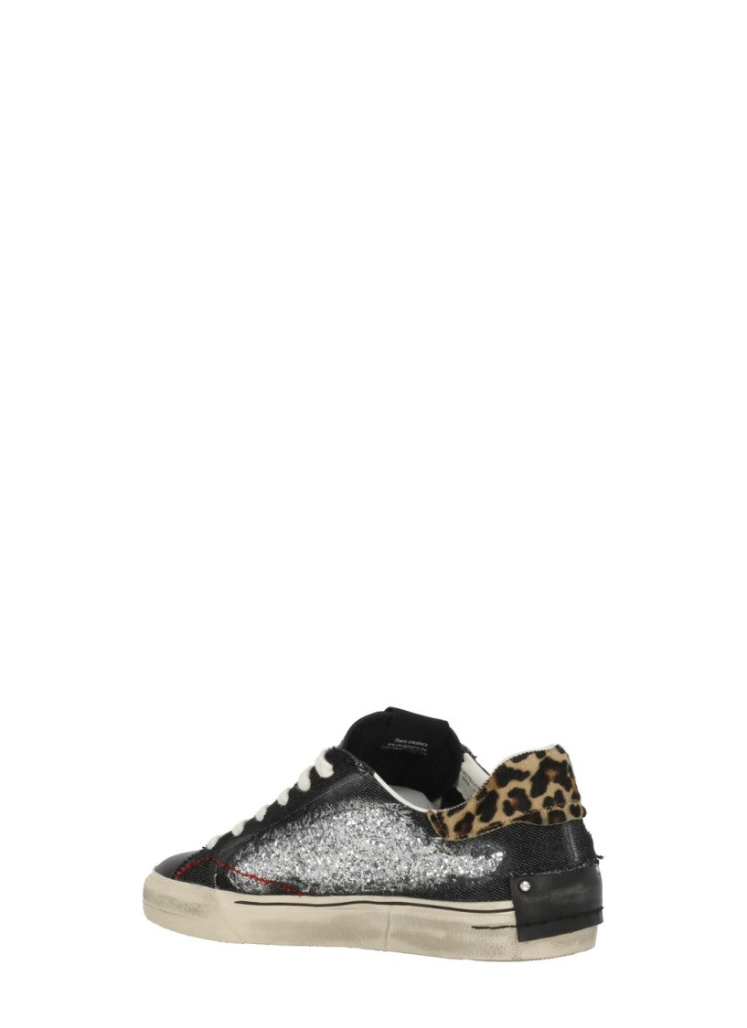 Crime London Black Deconstructed Denim Glitter Leather Sneakers