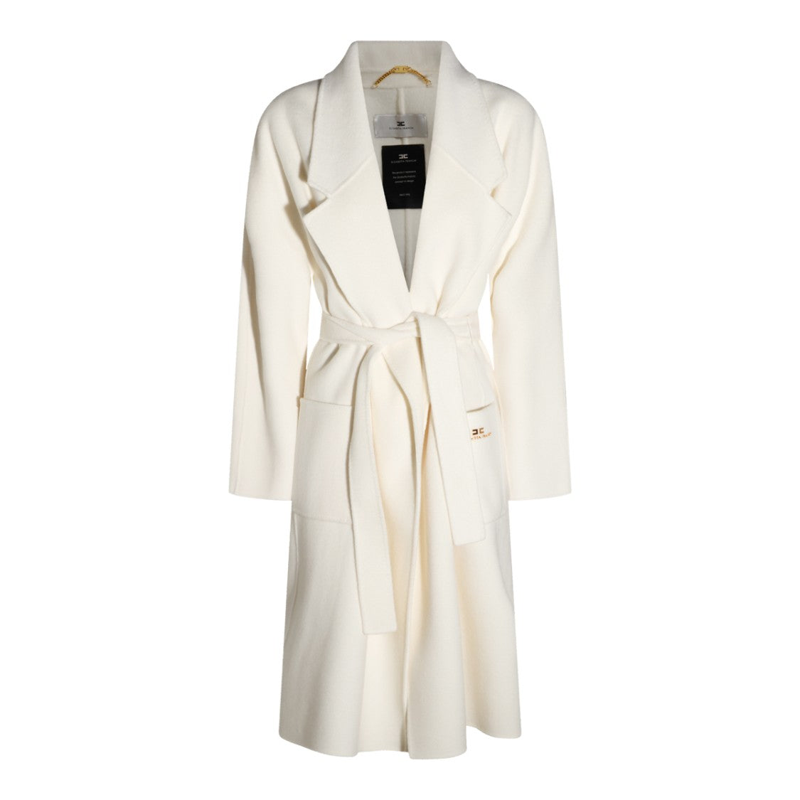 Elisabetta Franchi Ivory Wool Long Coat With Self-Tie Belt And Classic Lapels