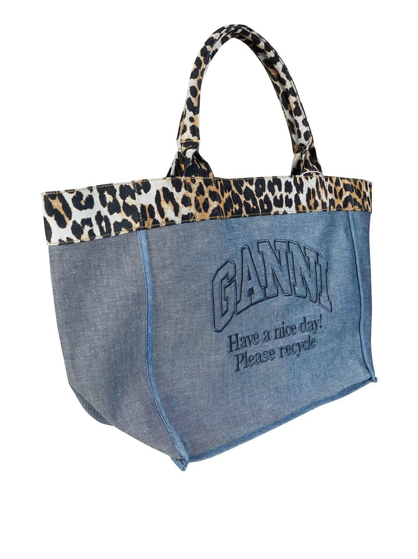 Ganni Denim Leopard Print External Pocket Tote Bag