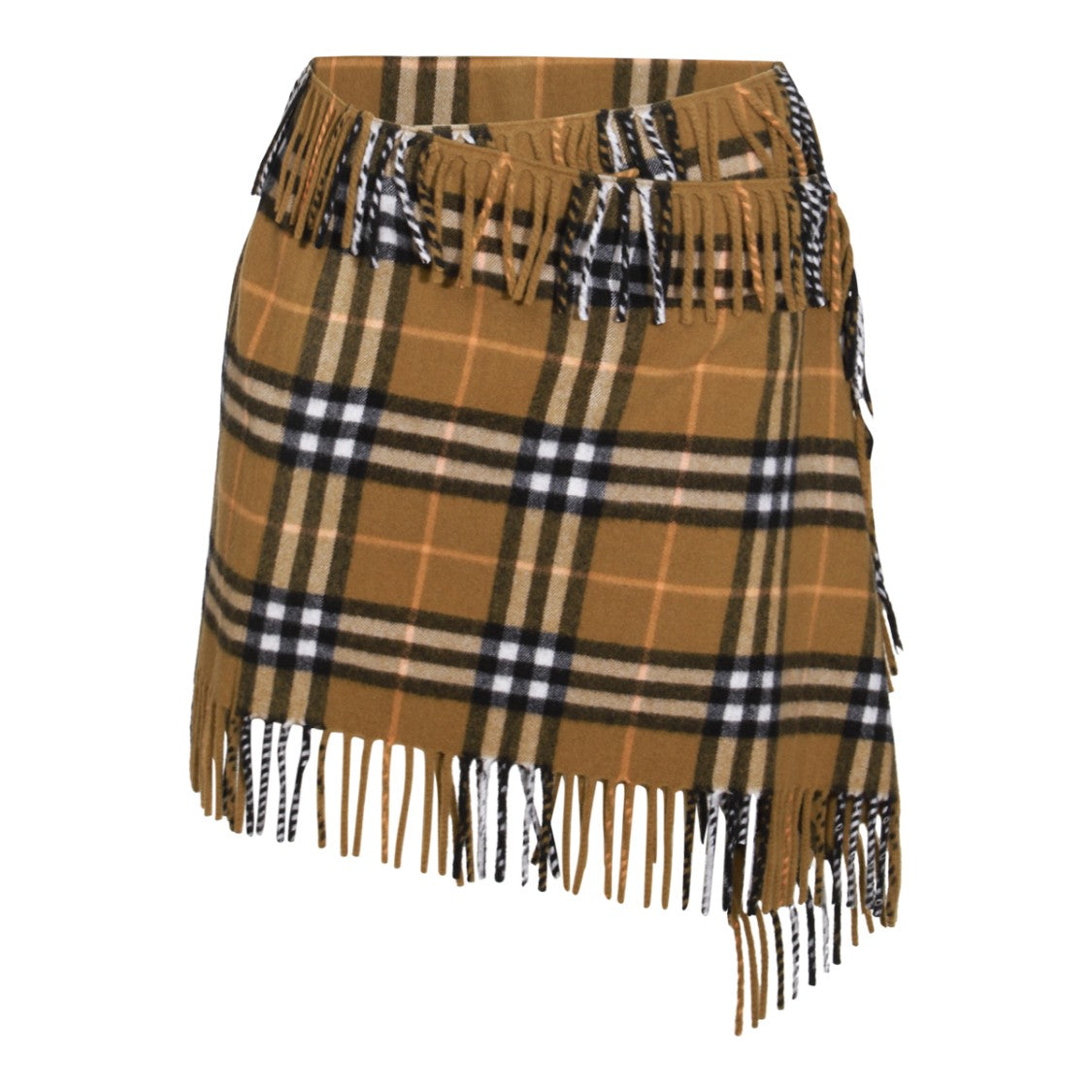 Burberry Midi Wool Skirt With Fringed Hem And Check Motif