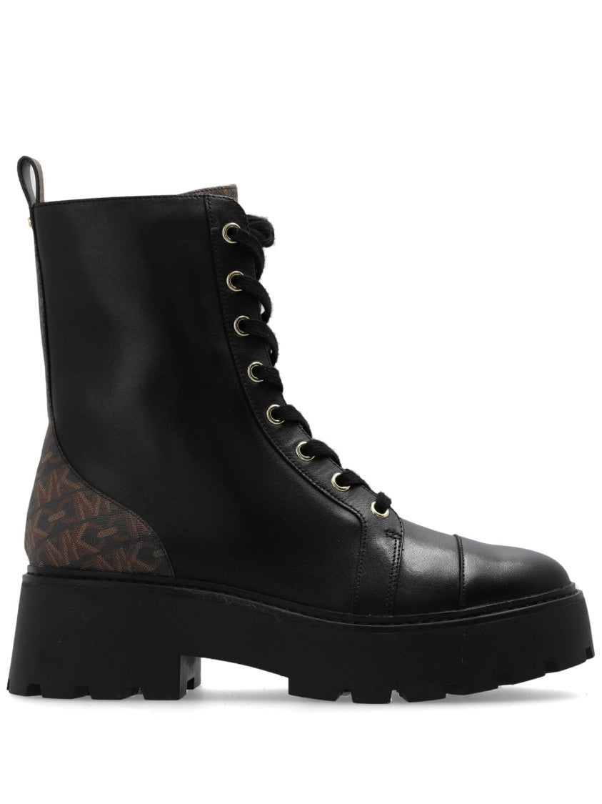 Michael Kors Lace-Up Black Leather Ankle Boots With Gold Accents
