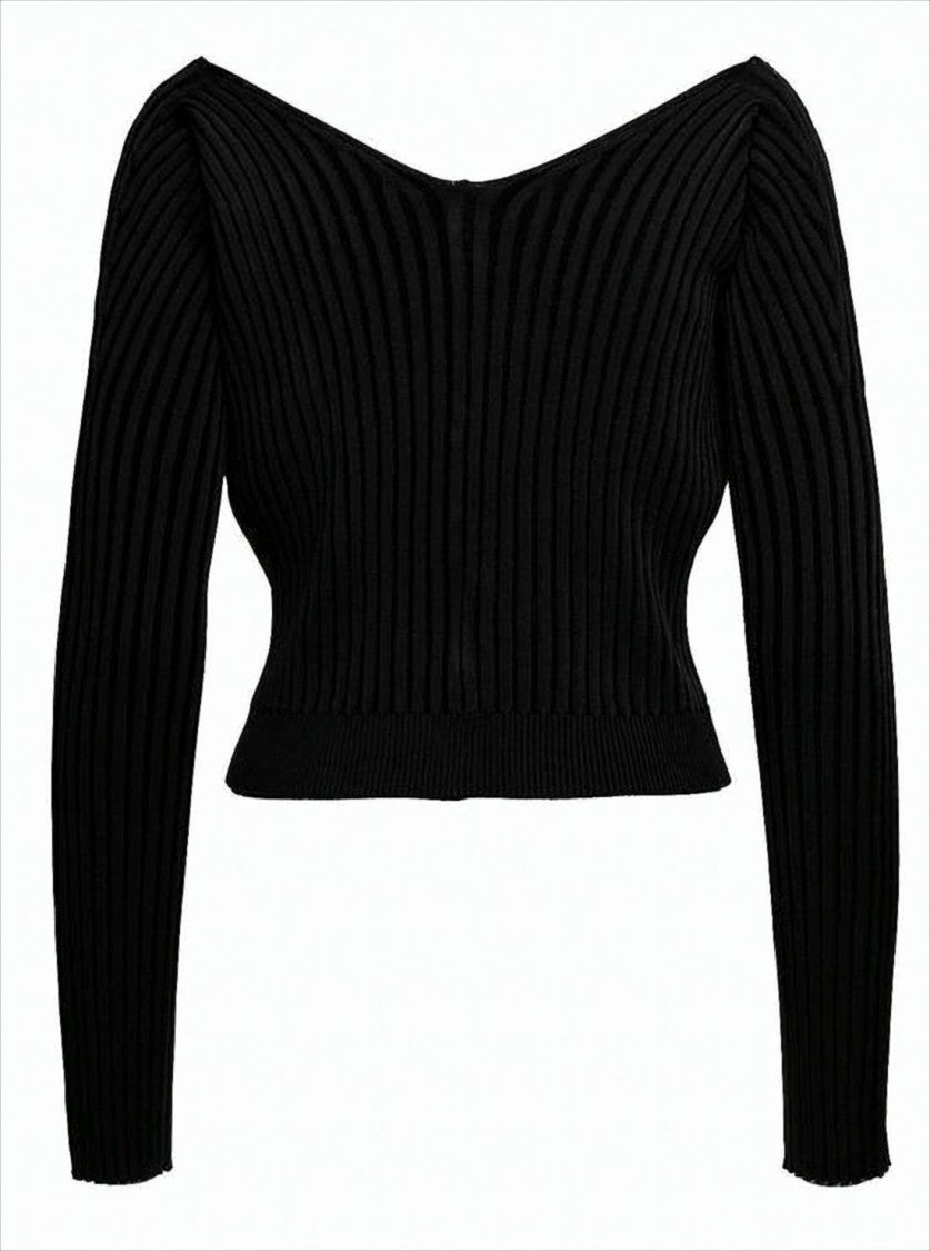 Jacquemus Ribbed Knit Cardigan With Deep V-Neckline And Gold-Tone Clasp