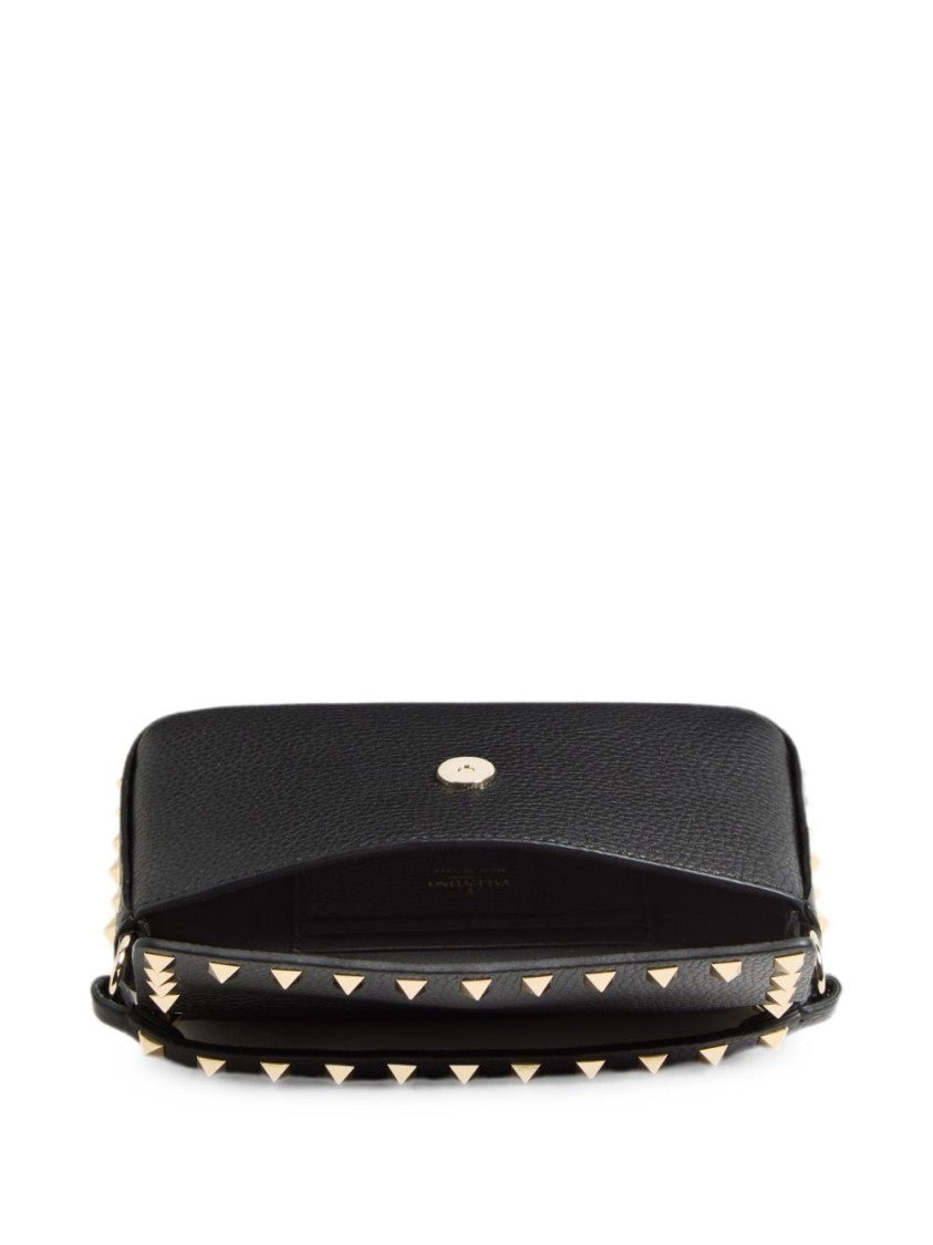 Valentino Garavani Rectangular Black Leather Bag With Gold-Tone Pyramid Studs
