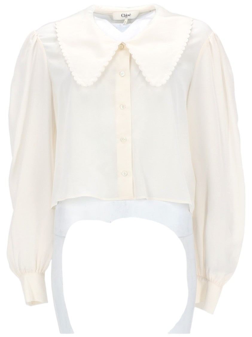 Chloé Puff Sleeve Scalloped Collar Silk Blouse