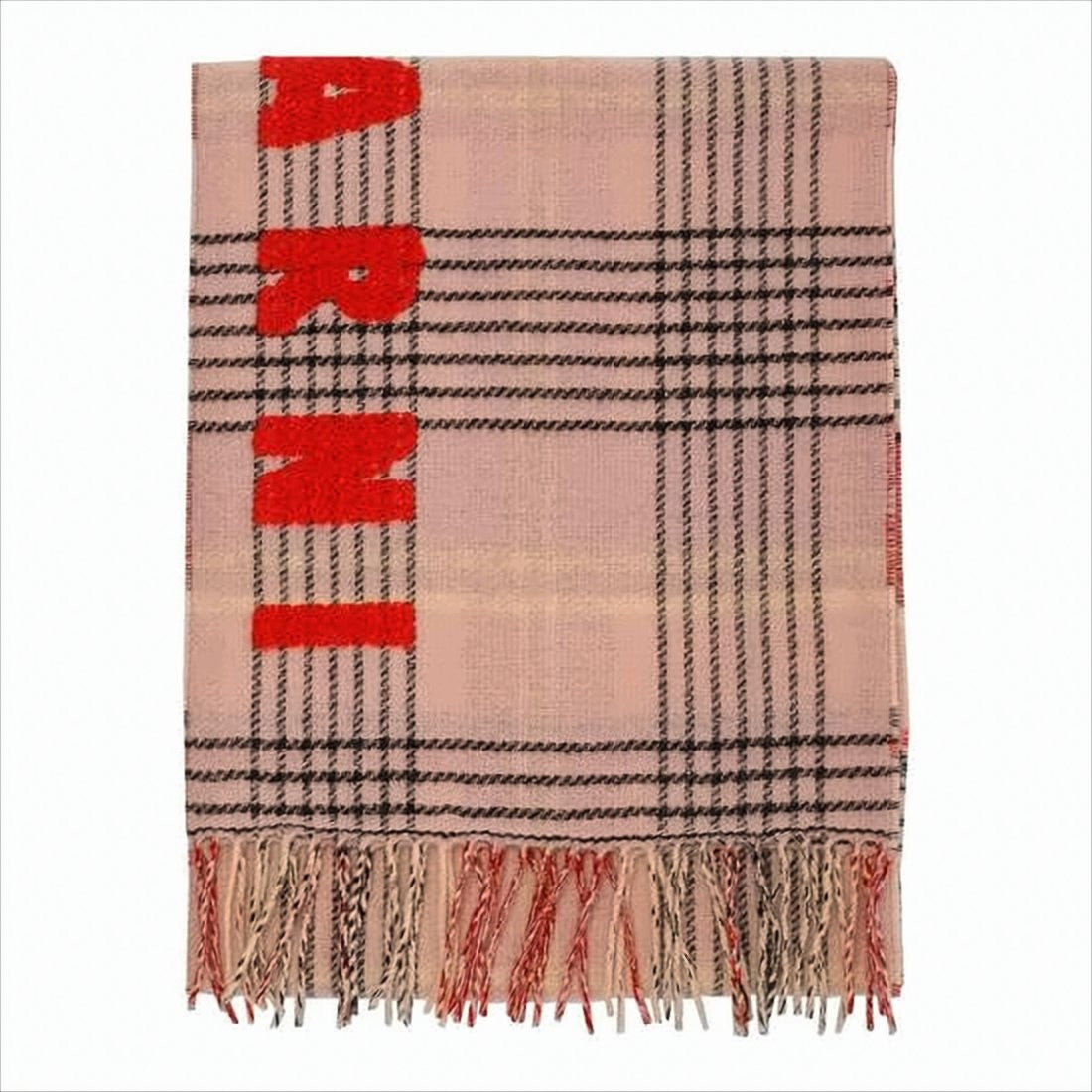 Marni Classic Plaid Wool Scarf With Fringed Edges And Bold Lettering
