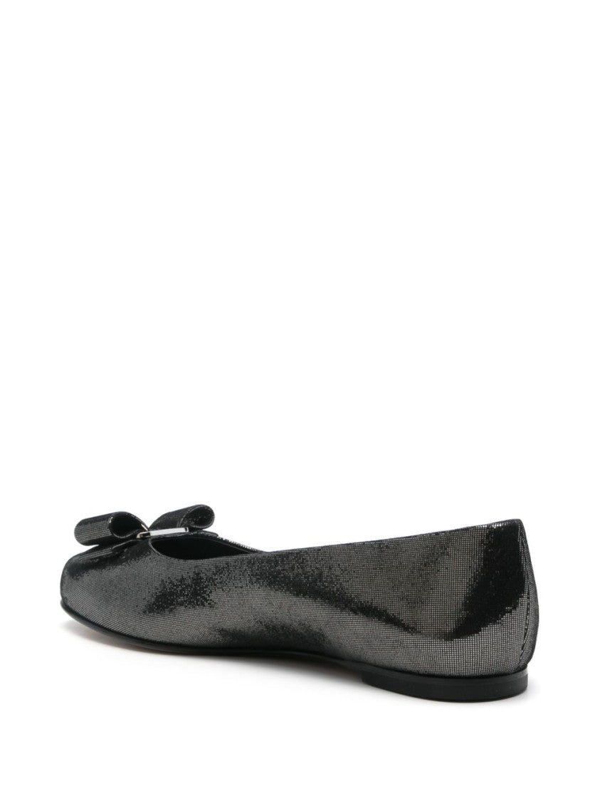 Salvatore Ferragamo Silver Flat Ballerinas With Bow Detail