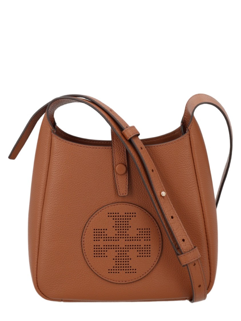 Tory Burch Structured Brown Leather Shoulder Bag With Circular Logo