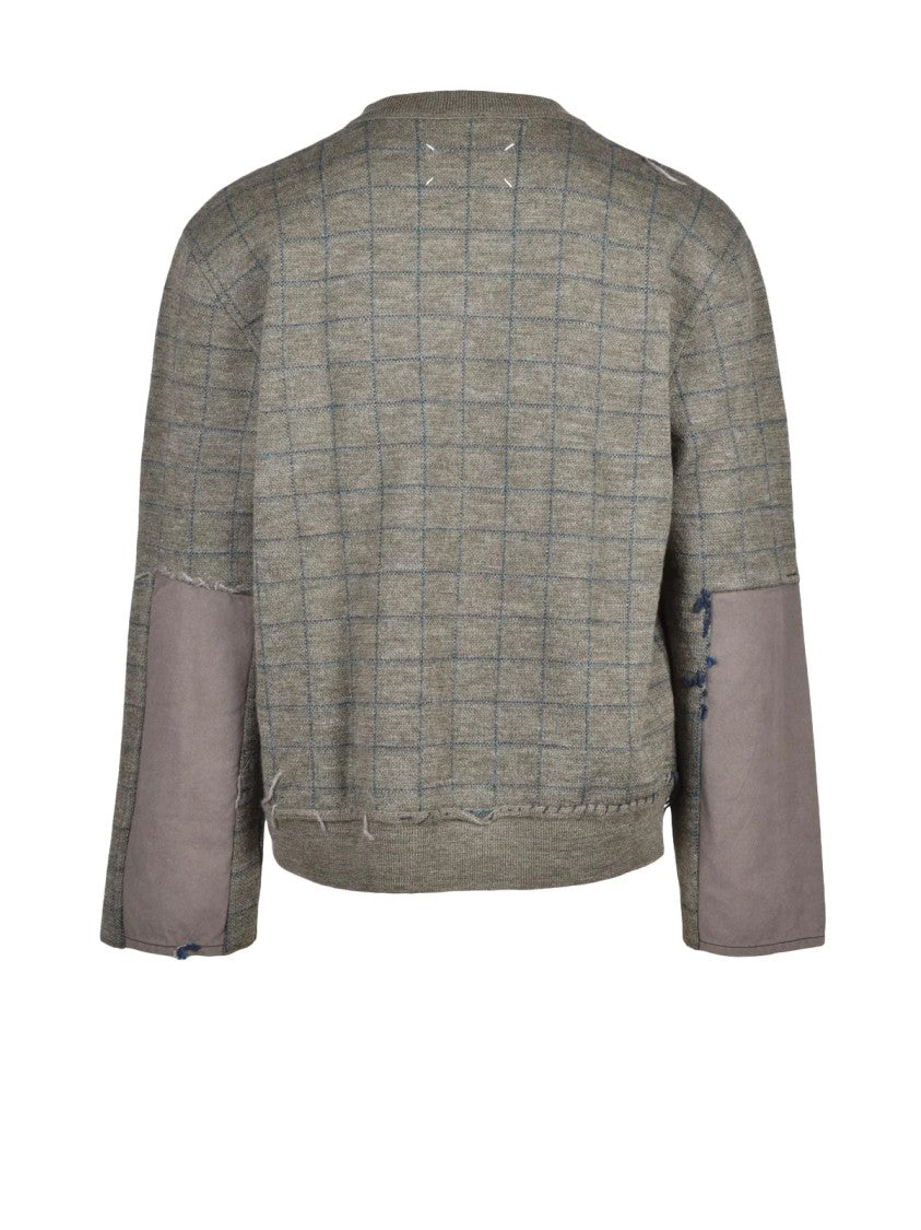 Maison Margiela Green V-Neck Patchwork Virgin Wool Sweater