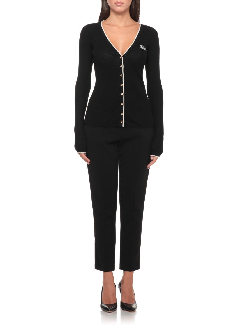 Elisabetta Franchi Fitted Black Ribbed Wool Sweater With Gold Button Accents