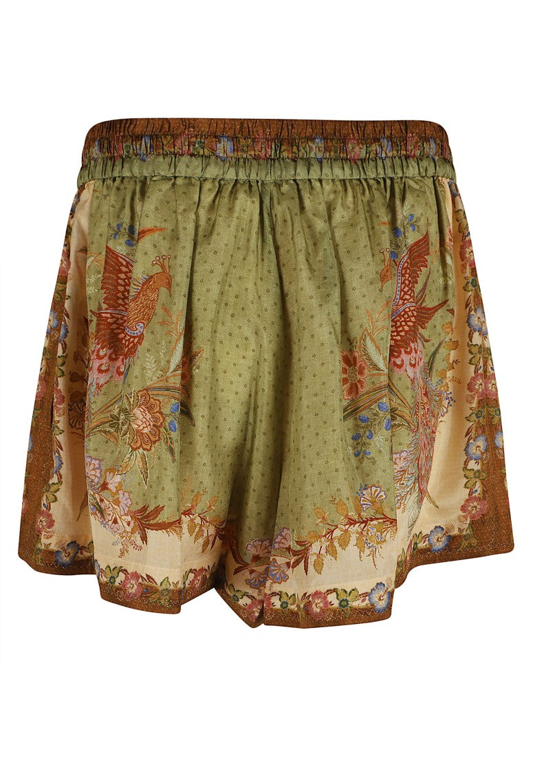 Zimmermann Khaki/Green Indra Relaxed Floral Bird Print Silk Shorts