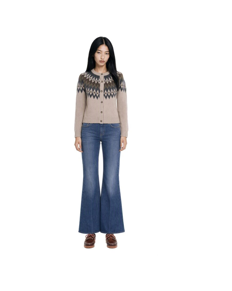 Max Mara Beige Geometric Jacquard Knit Button Cardigan