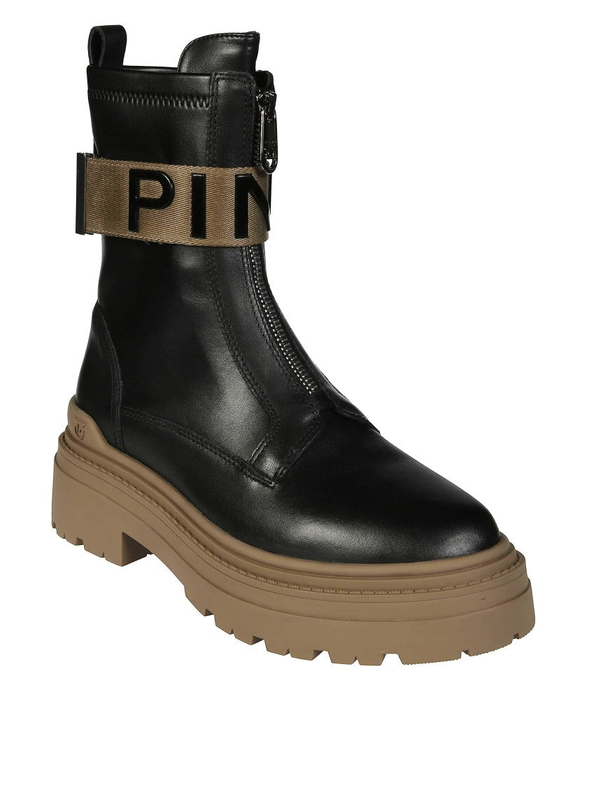 Pinko Stretch Leather Biker Lace-Up With Gold Buckle