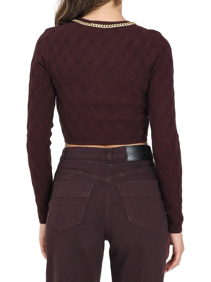 Elisabetta Franchi Cropped Textured Cardigan With Front Zip And Gold Chain Detail