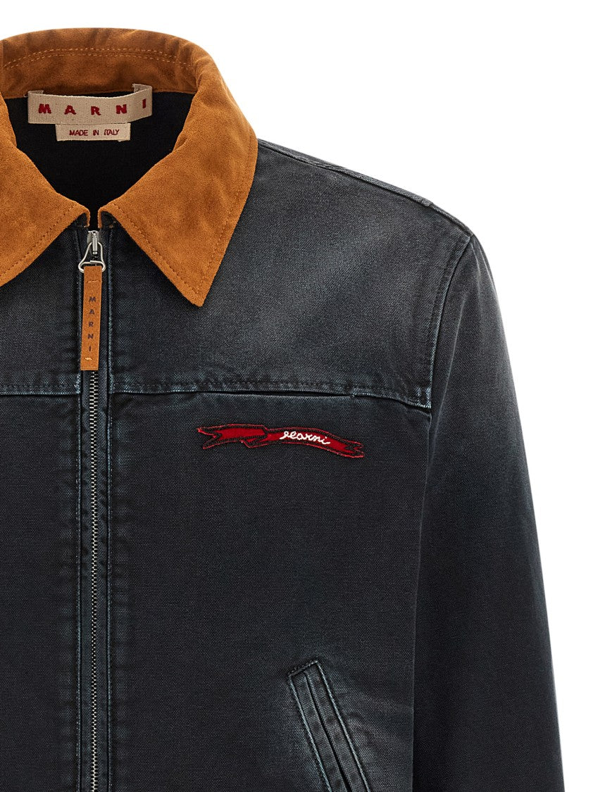 Marni Vintage-Style Compact Cotton Canvas Jacket With Suede Collar