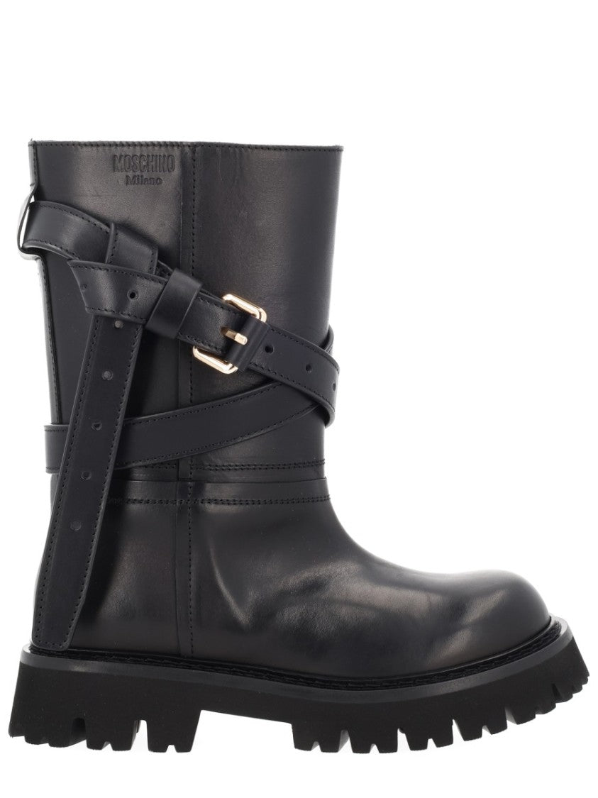 Moschino Polished Tie-Me Leather Lug Sole Boots