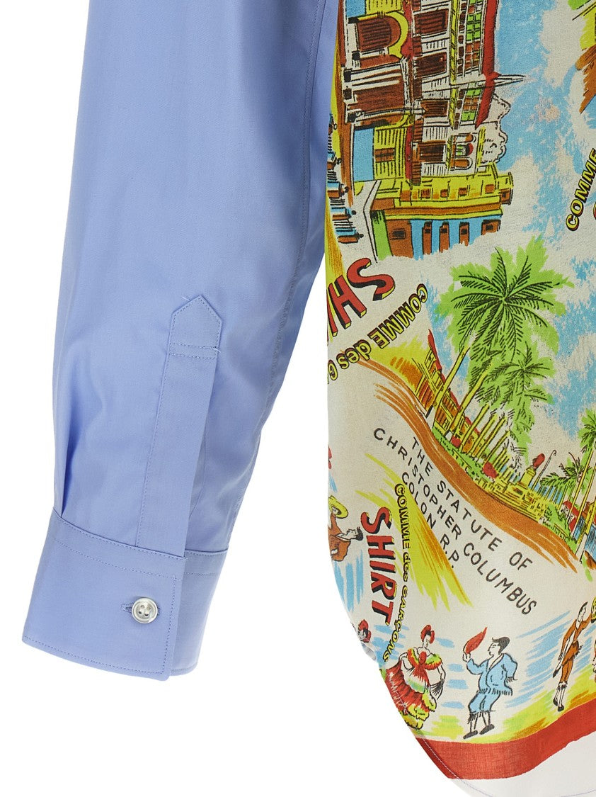 Comme Des Garçons Asymmetric Hem Shirt With Vibrant Landmark Prints
