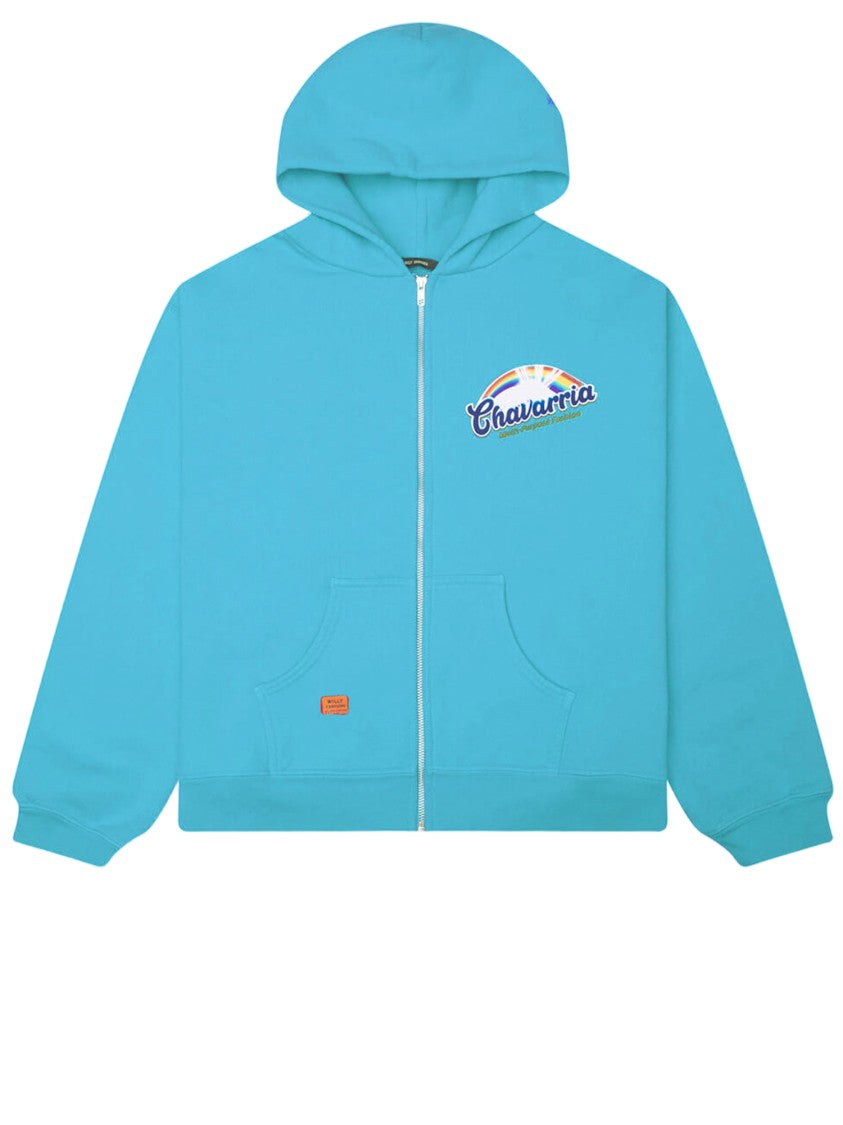 Willy Chavarria Light Blue Cotton Hooded Sweatshirt With Front Zip And Logo Accents