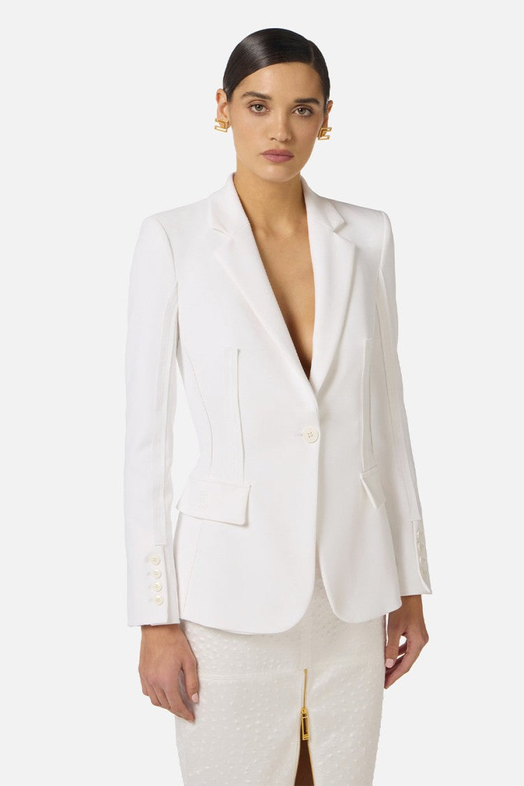 Elisabetta Franchi Ivory Peak Lapel Single-Button Raw-Edge Polyester-Blend Blazer