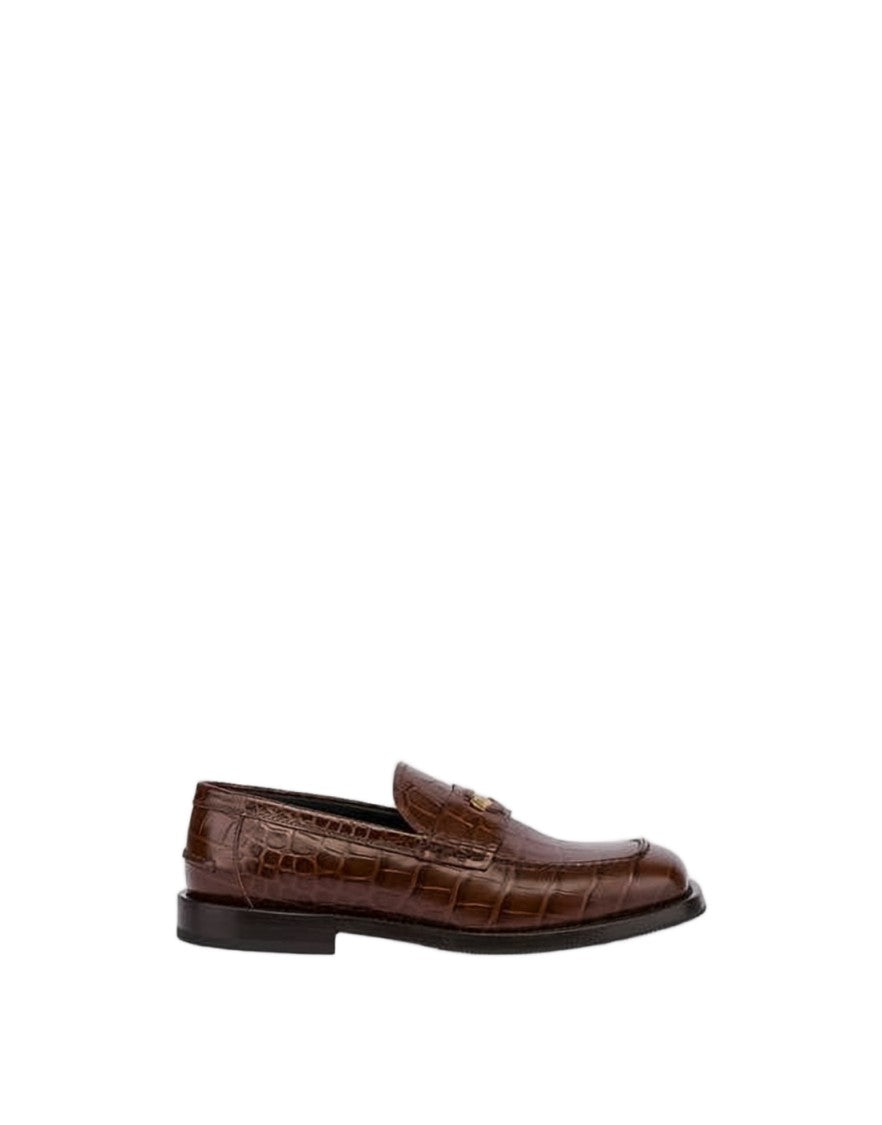Moschino Crocodile-Embossed Brown Leather Mules With Gold Emblem