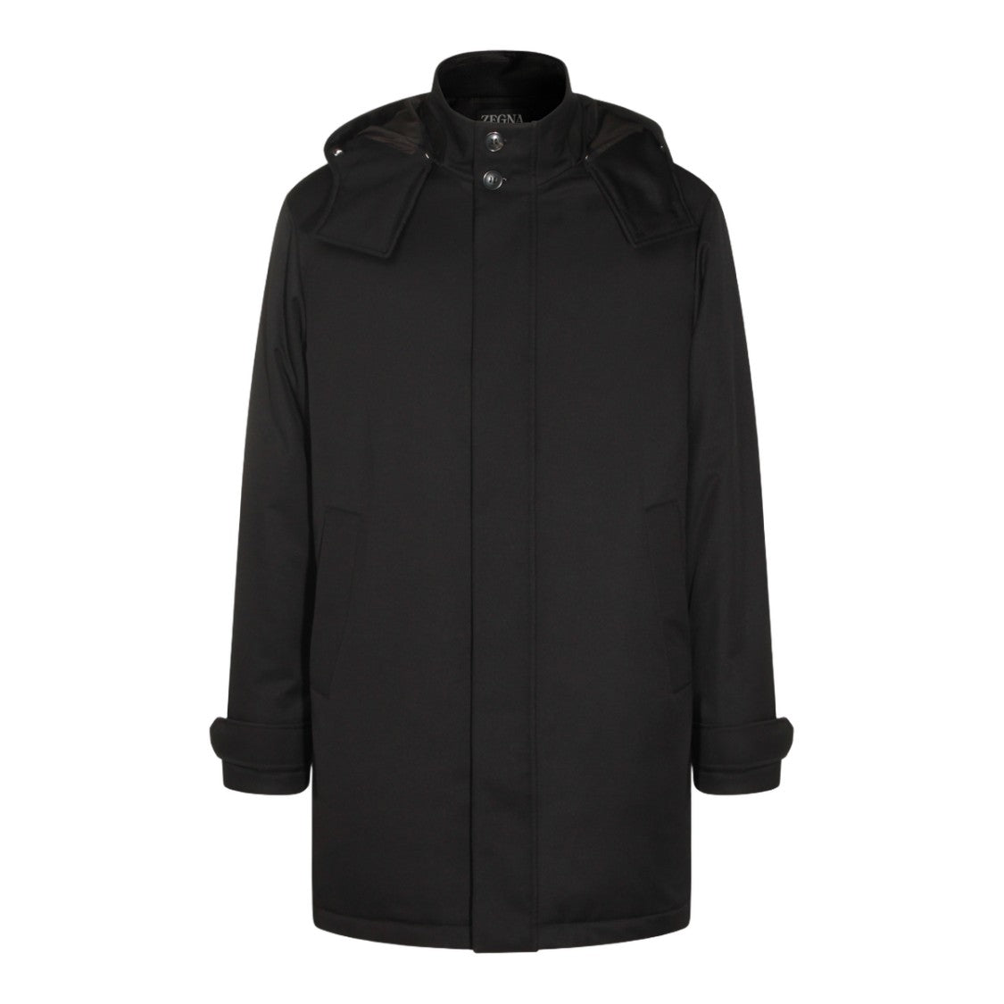 Zegna High-Collared Black Coat With Detachable Hood