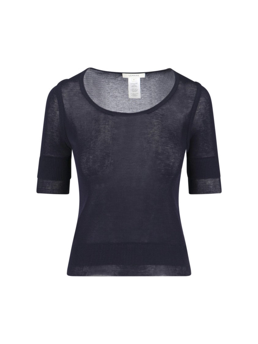 Lemaire Navy Viscose Silk Three-Quarter Sleeve T-Shirt