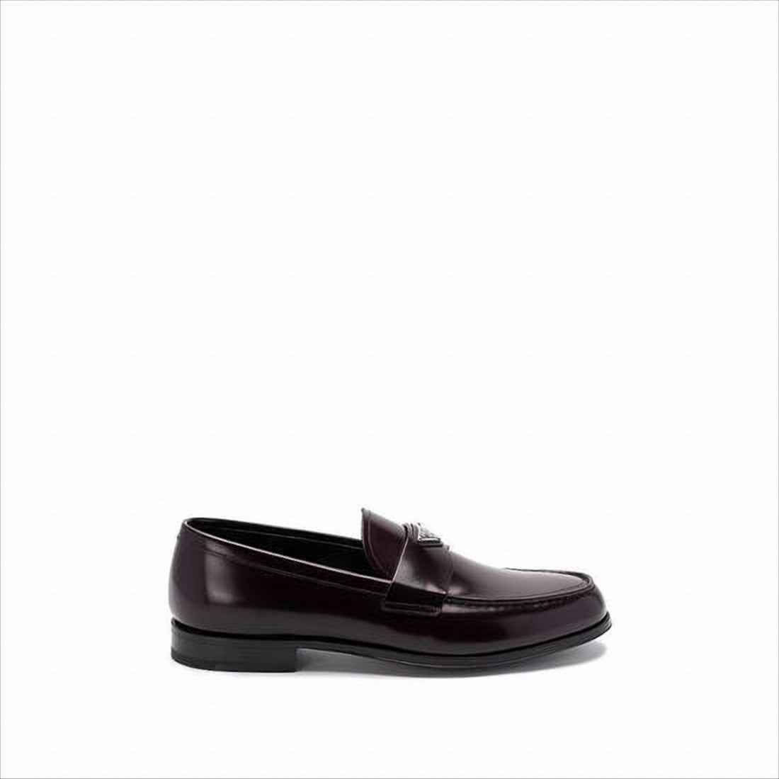 Prada Burgundy Leather Loafers With Metallic Emblem